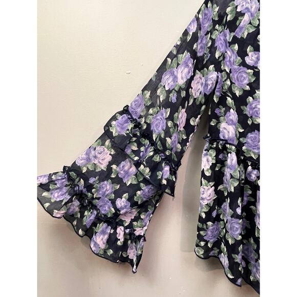 American Eagle Floral Ruffle Top Womens‎ Small Black Purple Sheer Feminine - Picture 8 of 9